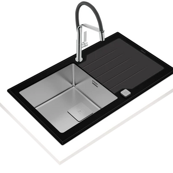 Chiuveta cu finisaj din sticla PureLine, 1 cuva din inox si 1 picurator, Diamond RS15 1B 1D 86 BK